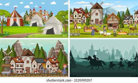 Set aus verschiedenen Szene mittelalterlich mit Silhouette-Illustration