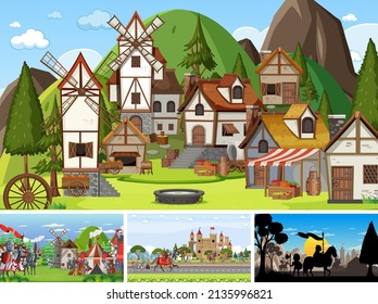 Set of different scene medieval with silhouette  illustration