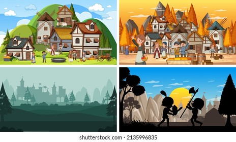 Set of different scene medieval with silhouette  illustration