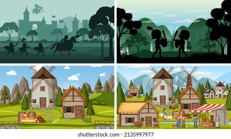 Conjunto de escenas medievales diferentes con ilustración de silueta