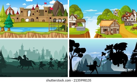 Conjunto de escenas medievales diferentes con ilustración de silueta