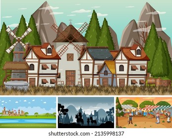 Conjunto de escenas medievales diferentes con ilustración de silueta