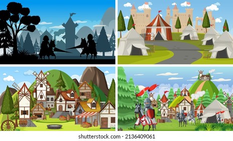 Conjunto de escenas medievales diferentes con ilustración de silueta