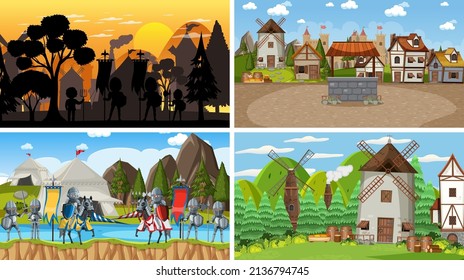 Set of different scene medieval with silhouette  illustration