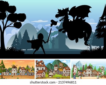 Set of different scene medieval with silhouette  illustration