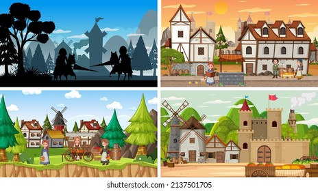 Set of different scene medieval with silhouette  illustration