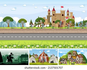 Conjunto de escenas medievales diferentes con ilustración de silueta