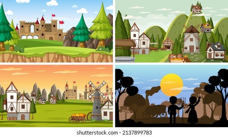 Set of different scene medieval with silhouette  illustration