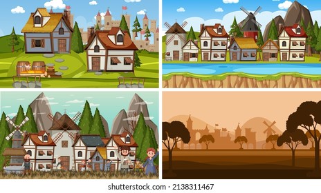 Set aus verschiedenen Szene mittelalterlich mit Silhouette-Illustration
