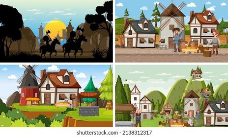 Set of different scene medieval with silhouette  illustration