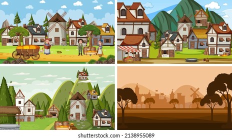 Conjunto de escenas medievales diferentes con ilustración de silueta