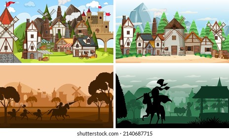 Conjunto de escenas medievales diferentes con ilustración de silueta