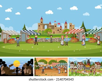 Conjunto de escenas medievales diferentes con ilustración de silueta