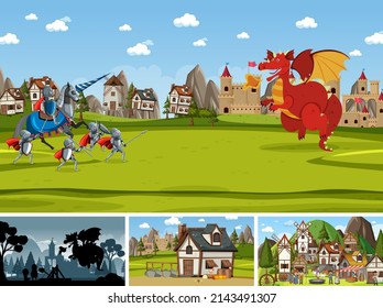 Set aus verschiedenen Szene mittelalterlich mit Silhouette-Illustration
