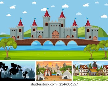 Set aus verschiedenen Szene mittelalterlich mit Silhouette-Illustration