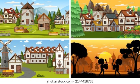 Set of different scene medieval with silhouette  illustration