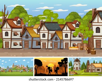 Conjunto de escenas medievales diferentes con ilustración de silueta