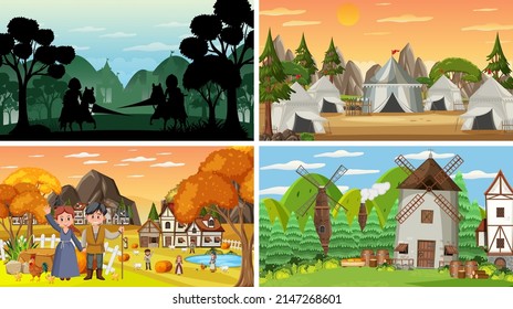 Conjunto de escenas medievales diferentes con ilustración de silueta