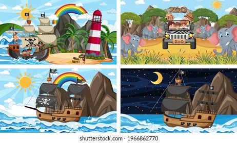 Set of different scenes with animals in the zoo and pirate ship at the sea illustration