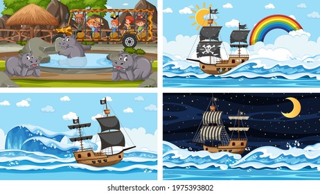 Set of different scenes with animals in the zoo and pirate ship at the sea illustration
