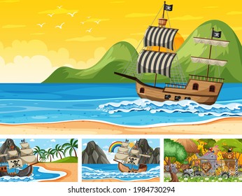 Set of different scenes with animals in the zoo and pirate ship at the sea illustration