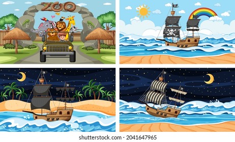 Set of different scenes with animals in the zoo and pirate ship at the sea illustration
