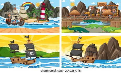 Conjunto de escenas diferentes con animales en el zoológico y barco pirata en la ilustración del mar
