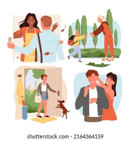 Set of different scenes of family homecoming. Couple greeting each other, waiting domestic pet, children returning from school, coming back home surprise vector illustration