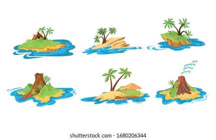 Set of different scenes of islands with huts, tropical trees, mountains, volcano, and waterfall vector illustration.