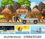 Set of different scenes with pirate ship at the sea and animals in the zoo  illustration