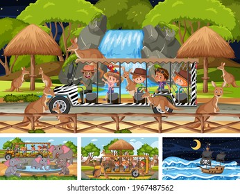 Set of different scenes with pirate ship at the sea and animals in the zoo  illustrations