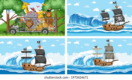 Set of different scenes with pirate ship at the sea and animals in the zoo  illustration