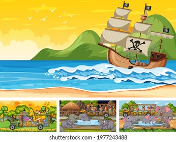 Set of different scenes with pirate ship at the sea and animals in the zoo  illustration