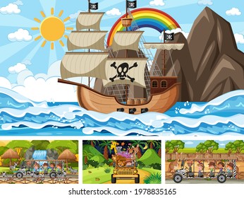 Set of different scenes with pirate ship at the sea and animals in the zoo  illustration