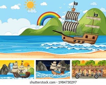 Set of different scenes with pirate ship at the sea and animals in the zoo  illustration