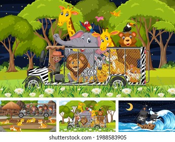 Set of different scenes with pirate ship at the sea and animals in the zoo  illustration