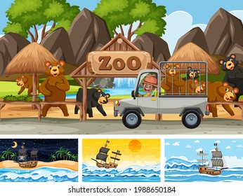 Set of different scenes with pirate ship at the sea and animals in the zoo  illustration