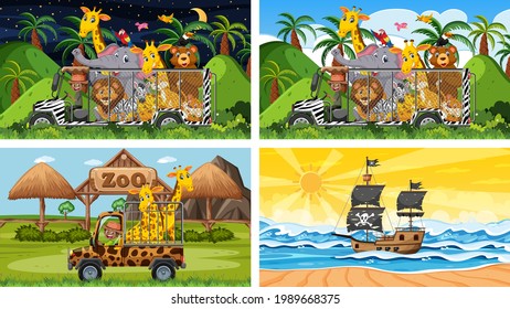 Conjunto de escenas diferentes con barcos piratas en el mar y animales en la ilustración del zoológico