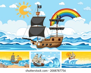 Set of different scenes with pirate ship at the sea and animals in the zoo  illustration