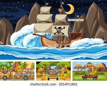 Set of different scenes with pirate ship at the sea and animals in the zoo  illustration