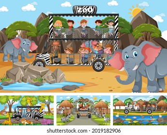 Set of different scenes with pirate ship at the sea and animals in the zoo  illustration