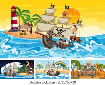 Set of different scenes with pirate ship at the sea and animals in the zoo  illustration