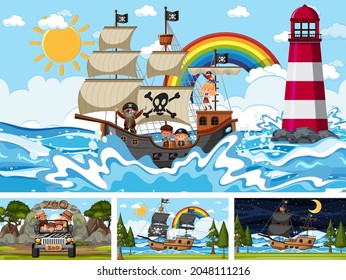Reihe verschiedener Szenen mit Piratenschiff auf See und Tieren in der Zoo-Illustration