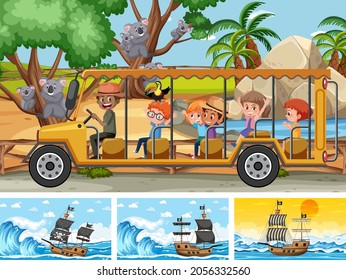 Set of different scenes with pirate ship at the sea and animals in the zoo  illustration
