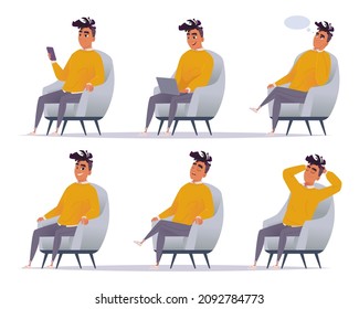 Set of different scenes with young African American man sitting in chair with computer, phone: sleeping, rest, dreaming