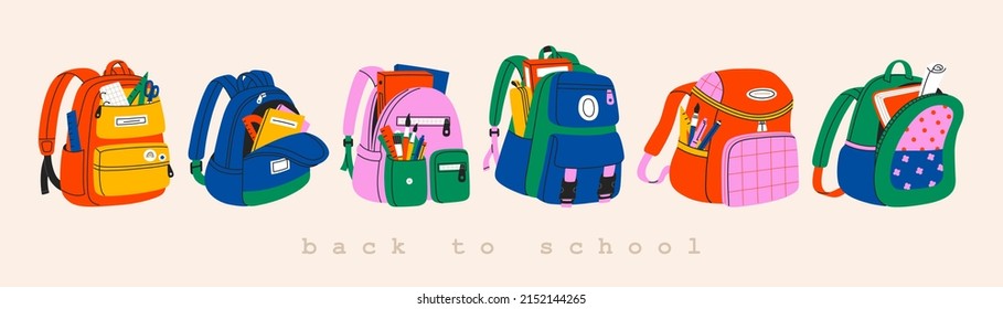 Set of different school backpack and schoolbag. Back to school, collection of children bags with stationary, textbooks. Hand drawn vector illustration isolated on background. Modern flat cartoon style