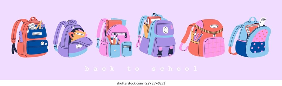 Set of different school backpack and schoolbag. Collection of colorful children bags with stationery, textbooks. Hand drawn vector illustration isolated on purple background. Modern flat cartoon style