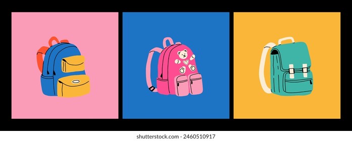 Set of different school backpack and schoolbag. Back to school, collection of children bags. Hand drawn vector illustration isolated on white background. Modern flat cartoon style