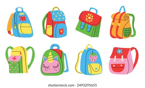 Conjunto de mochila y mochila escolar diferentes. De vuelta a la escuela.  Colección de varios bolsos de los niños aislados sobre fondo blanco. Estilo plano moderno de la historieta.