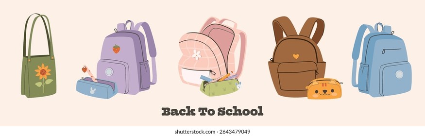 Set of different school backpack and schoolbag. Collection of colorful children bags with stationary, textbooks. Back to school concept vector illustration isolated on white background.